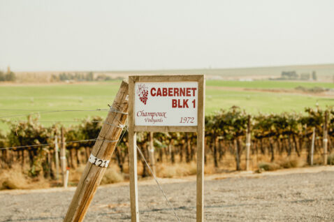 Vineyard sign that says cabernet Block 1 Champoux Vineyard