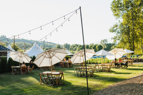 Tasting Room upper lawn with string lights, wood tables and chairs, white umbrellas on a sunny day