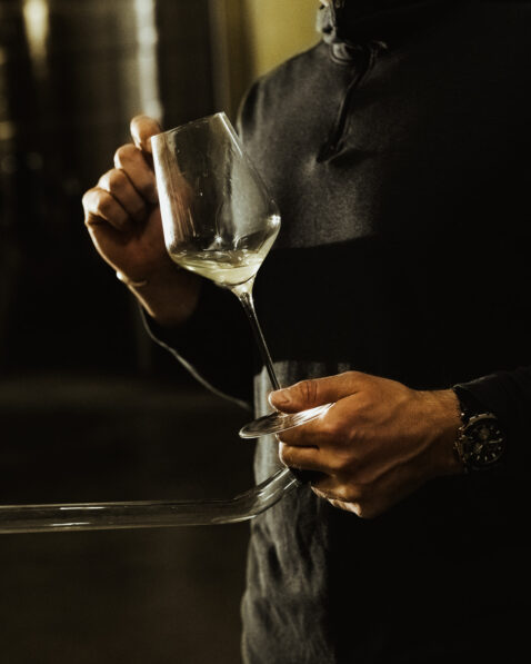 Male figure holding a wine glass swirling white wine