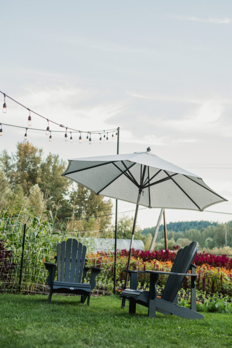 Two Adirondack chairs under a white umbrella in the Matthews farm