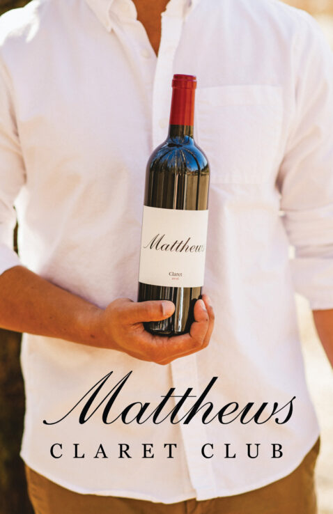 Cover of the Claret Club brochure: Man in a white shirt holding a bottle of Claret in front of his chest