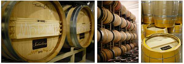 Collage: Closeup of end of a barrel and its chalk writing, 4 layers of barrels stacked, looking down on the top of a barrel