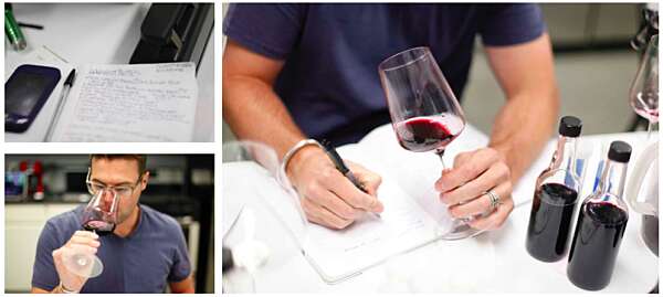 Collage: notes on paper, winemaker sniffing wine, winemaker writing notes in notebook