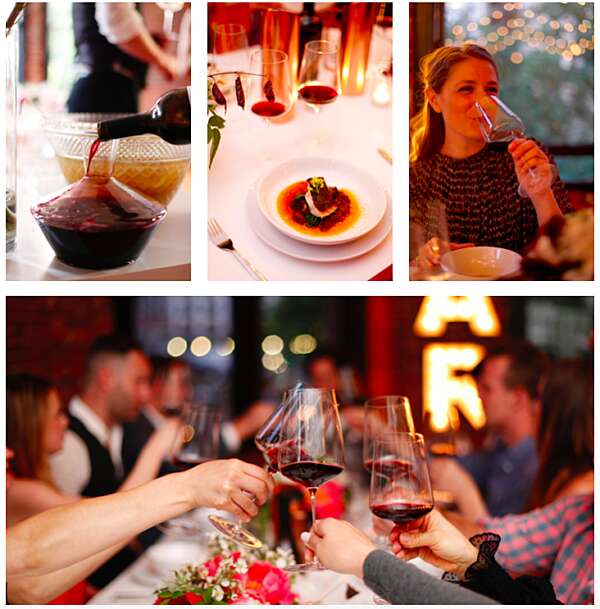 Collage: red wine being poured into decanter, plate of food, women smiling and sipping, tables of guests cheering