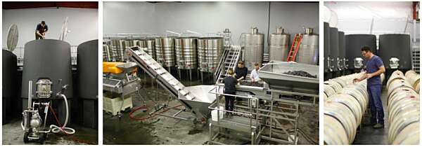 Collage: an employee on top of a concrete tank, view of the production floor from above, winemaker Aryn Morell tasting from barrels