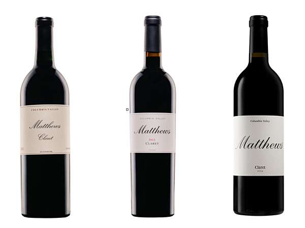 Collage of multiple vintages of Claret bottles