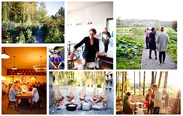 Collage: flowers in the farm, guests walking in the. farm, meat over a fire, staff pouring wine at a table, guests seated for dinner