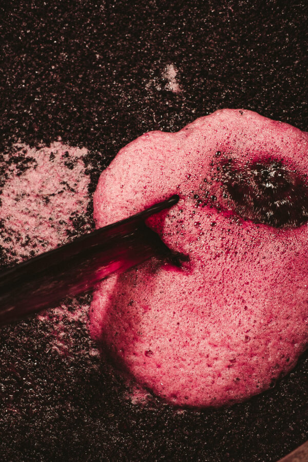 Red juice pouring over red crushed grapes